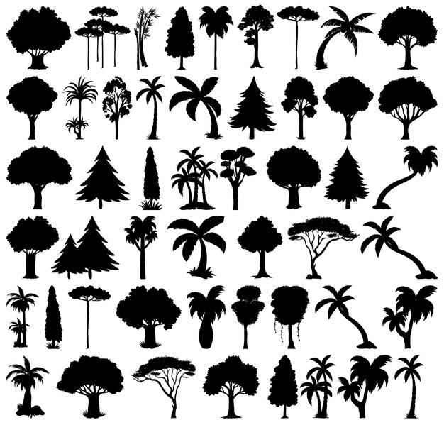 Conjunto de silueta de planta y árbol.