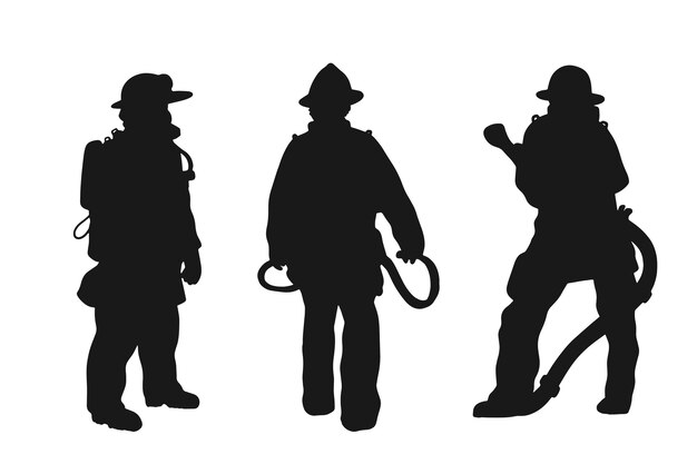 Conjunto de siluetas de bomberos dibujadas a mano