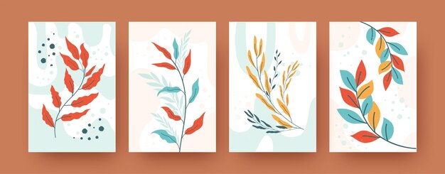Conjunto de siluetas de botánica abstractas en estilo pastel. Varias ilustraciones de ramas de vegetación. Concepto de naturaleza y plantas.