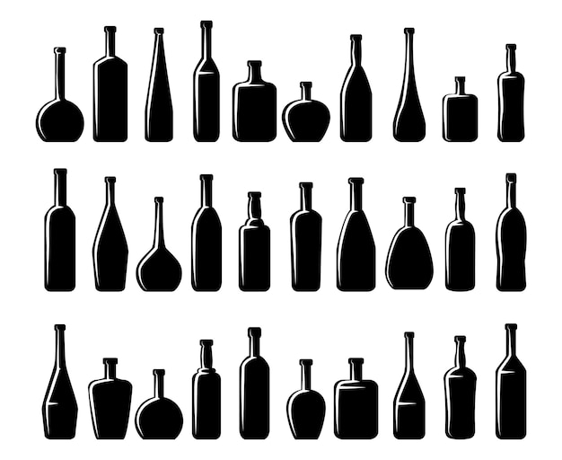 Conjunto de siluetas de botellas de vino y botellas de cerveza