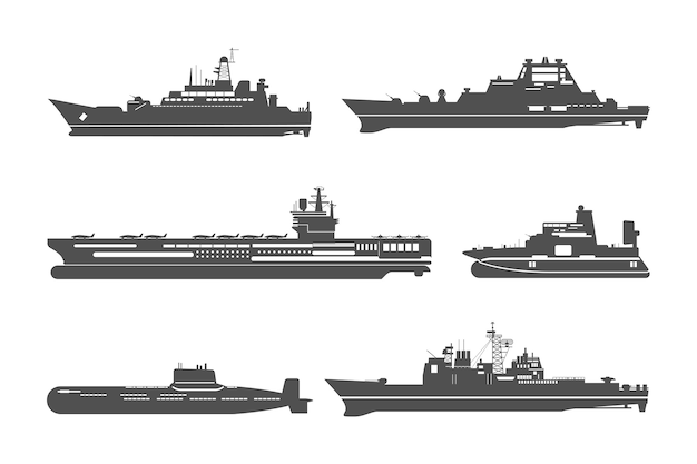 Vector gratuito conjunto de siluetas de buques de guerra.