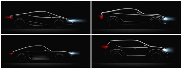 Conjunto de siluetas de coches realistas oscuros de cuatro perfiles con diferentes carrocerías y luces brillantes ilustración vectorial