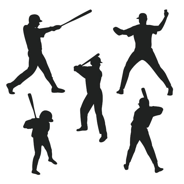 Vector gratuito conjunto de siluetas de jugadores de béisbol dibujadas a mano