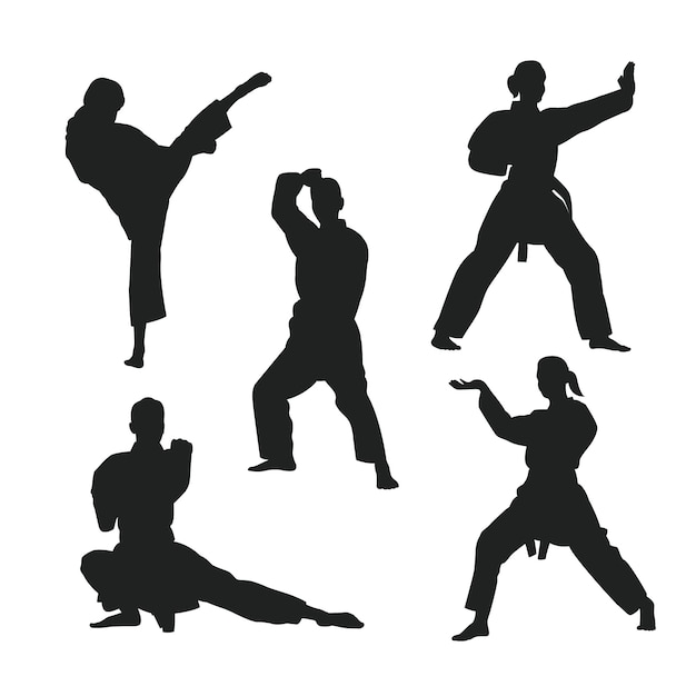 Conjunto de siluetas de karate dibujadas a mano