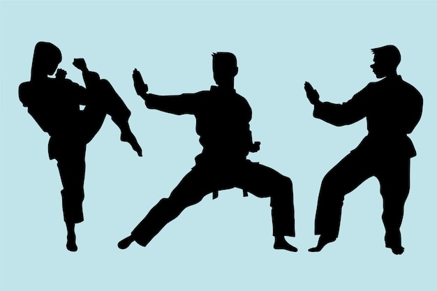 Conjunto de siluetas de karate dibujadas a mano