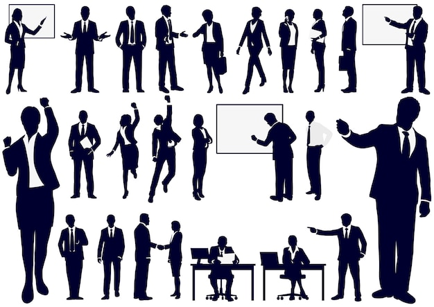 Conjunto de siluetas de personas de negocios en la ilustración de vectores de acción aislada en un fondo blanco