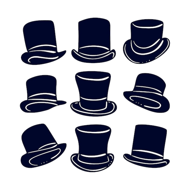 Conjunto de siluetas de sombrero de copa dibujado a mano