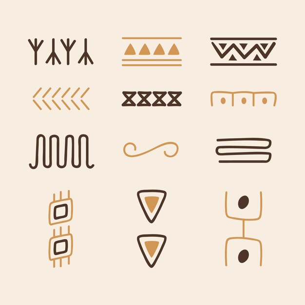 Conjunto de símbolos aztecas dibujados a mano