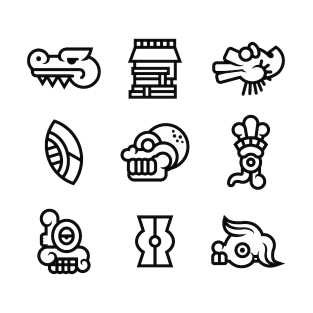 Conjunto de símbolos aztecas de diseño plano