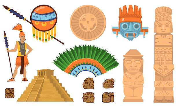 Conjunto de símbolos aztecas y mayas. Pirámide antigua, guerrero inca, máscaras étnicas, dioses e ídolos artefactos. Ilustraciones vectoriales planas para la cultura mexicana, concepto de decoraciones tradicionales