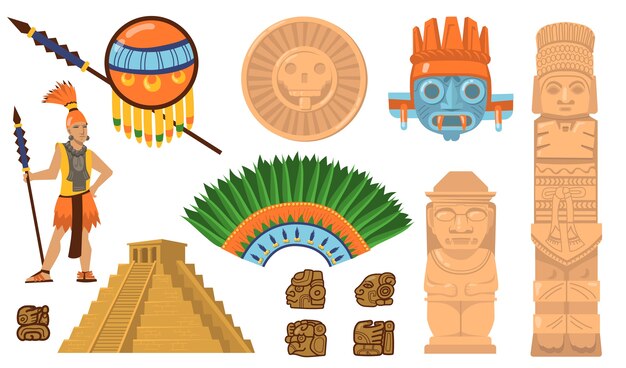 Conjunto de símbolos aztecas y mayas. Pirámide antigua, guerrero inca, máscaras étnicas, dioses e ídolos artefactos. Ilustraciones vectoriales planas para la cultura mexicana, concepto de decoraciones tradicionales