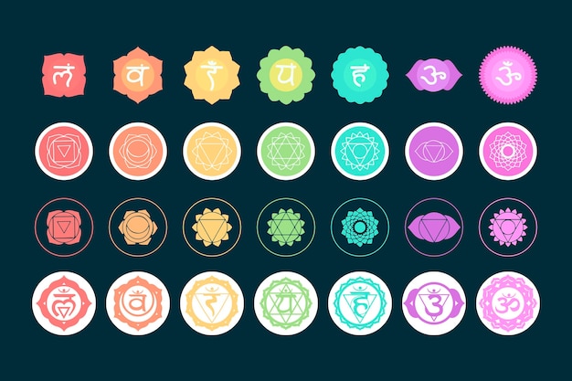 Conjunto de símbolos de chakras coloridos