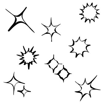 Conjunto de símbolos de destellos dibujados a mano aislados sobre fondo blanco. garabato ilustración vectorial.