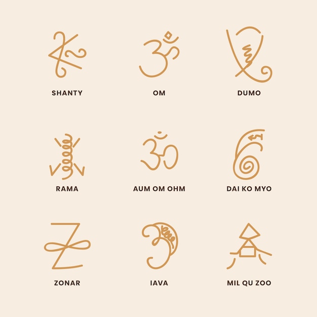 Conjunto de símbolos de reiki dibujados a mano