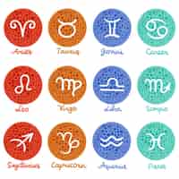 Vector gratuito conjunto de símbolos del zodíaco en círculos con textura de colores con inscripciones aisladas