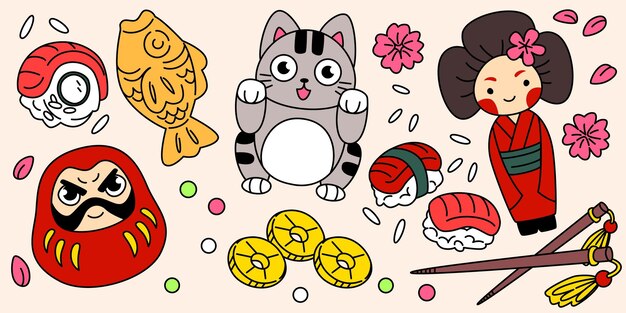 Conjunto de simpáticos símbolos japoneses para la fortuna