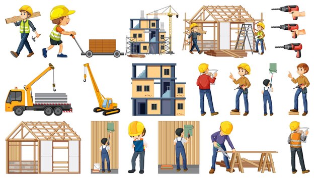 conjunto, de, sitio construcción, objetos, y, trabajadores