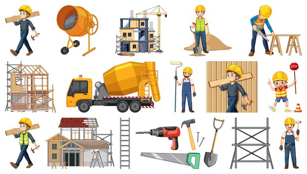 conjunto, de, sitio construcción, objetos, y, trabajadores