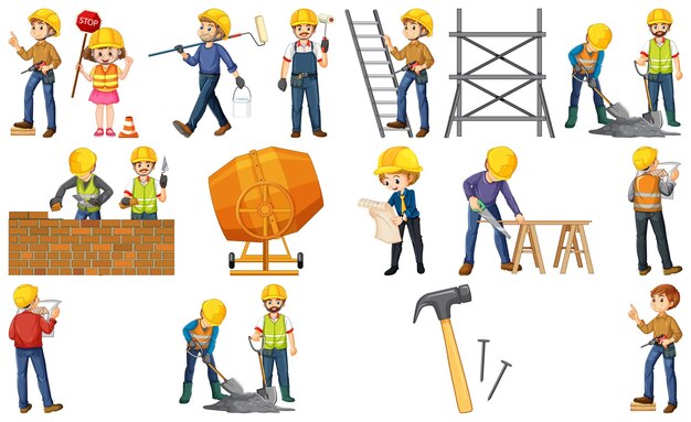 conjunto, de, sitio construcción, objetos, y, trabajadores