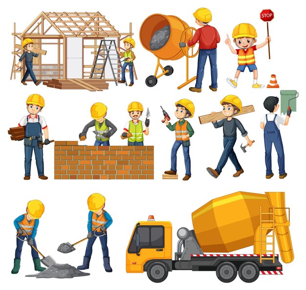 conjunto, de, sitio construcción, objetos, y, trabajadores