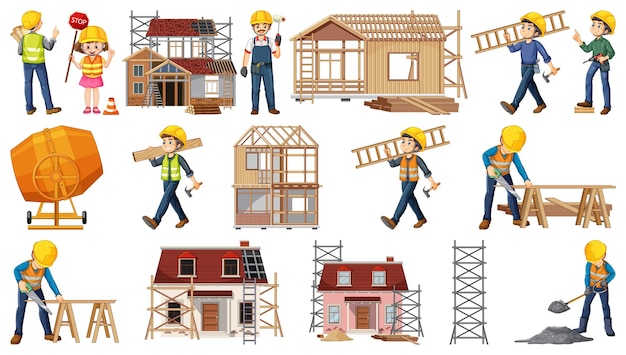 conjunto, de, sitio construcción, objetos, y, trabajadores