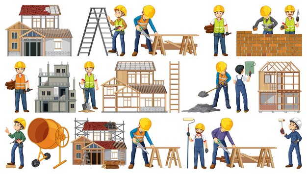 conjunto, de, sitio construcción, objetos, y, trabajadores