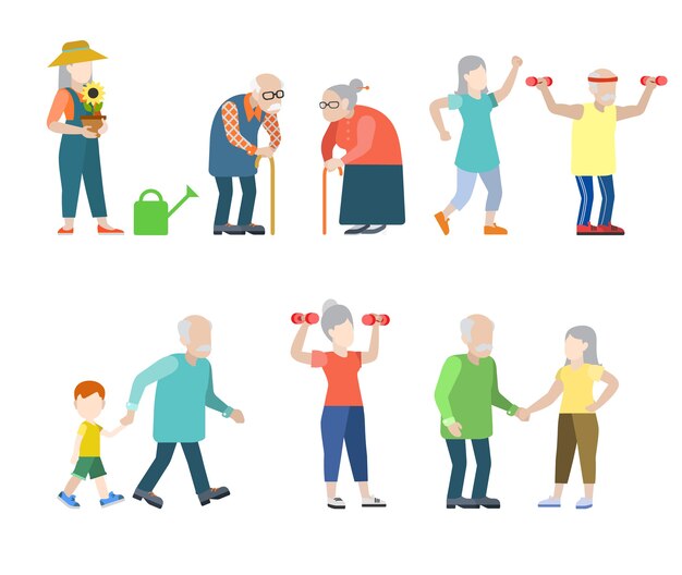Conjunto de situaciones de oldies de personas modernas de estilo plano. Gris hombres mujeres abuelita abuelo estilo de vida saludable.