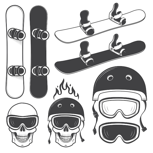 Vector gratuito conjunto de snowbords en blanco y negro y elementos de snowboard diseñados. tema extremo, deporte de invierno, aventura al aire libre.