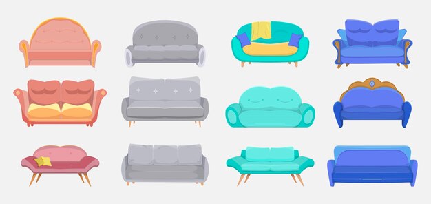 Conjunto de sofás modernos. Sofás para hoteles y hogares, muebles de salón, divanes para salón interior. Ilustración de dibujos animados