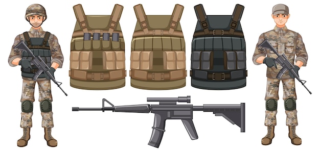 Vector gratuito conjunto de soldado y chaleco antibalas y pistola