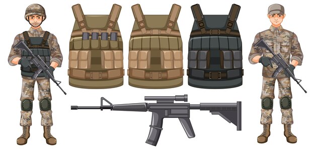 Conjunto de soldado y chaleco antibalas y pistola