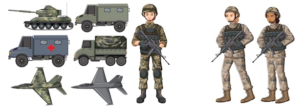 Vector gratuito conjunto, de, soldado, y, militar, transportatio