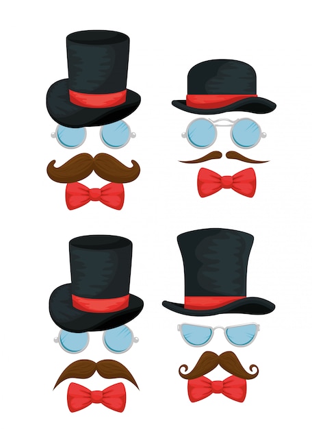 Conjunto de sombrero masculino con gafas, moños y bigotes