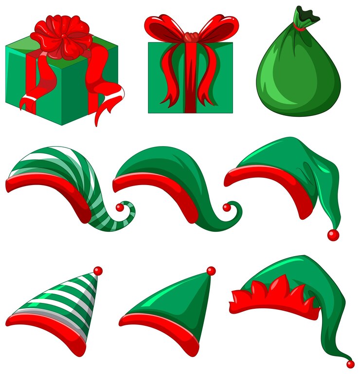Vector gratuito conjunto de sombreros de elfo y cajas de regalo.