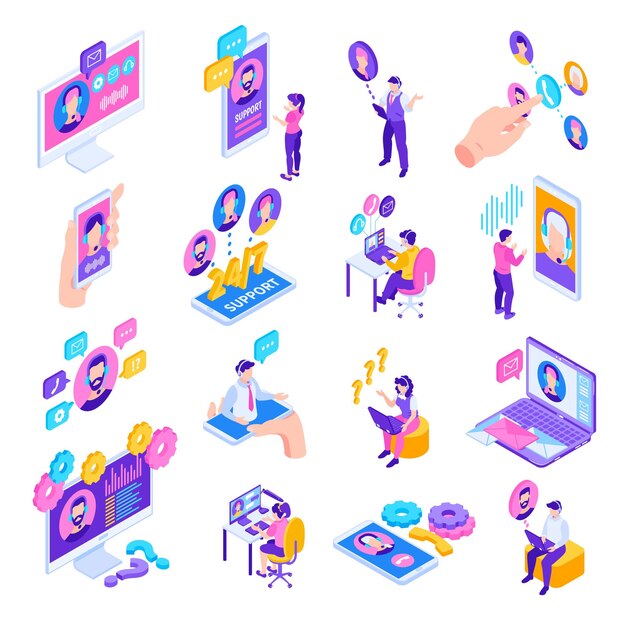 Conjunto de soporte técnico isométrico de iconos aislados con pictogramas de engranajes personas que usan auriculares teléfonos inteligentes burbujas de chat ilustración vectorial