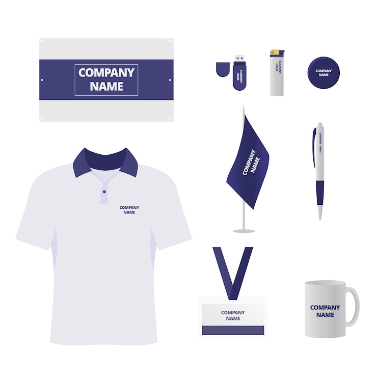 Vector gratuito conjunto de souvenirs de marca productos de la tienda de regalos de la empresa camiseta insignia de identificación y taza identidad corporativa mercancía de negocios unidad flash y encendedor