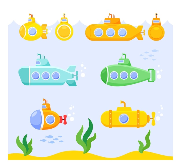 Vector gratuito conjunto de submarinos de dibujos animados sobre fondo marino submarino con malezas y peces