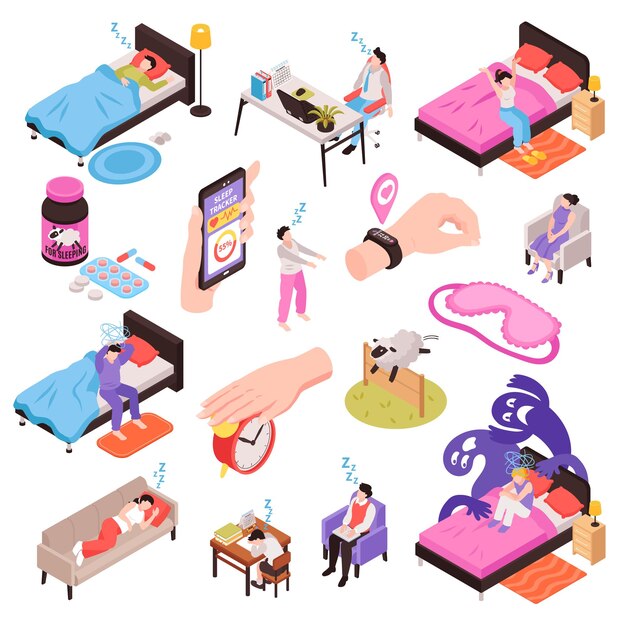 Conjunto de sueño saludable con símbolos de hora de acostarse ilustración vectorial aislada isométrica