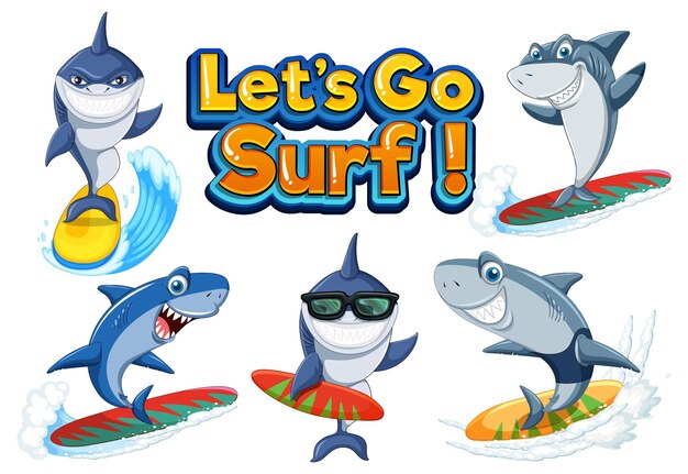 Conjunto de surf de personaje de dibujos animados de tiburón