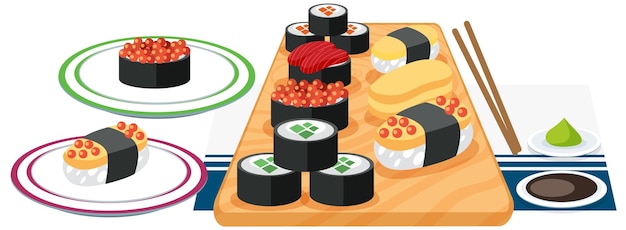Conjunto de sushi japonés sobre fondo blanco.