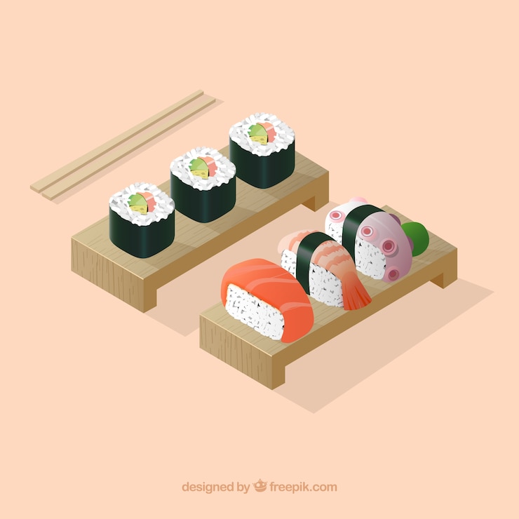 Vector gratuito conjunto de sushi con vista isométrica