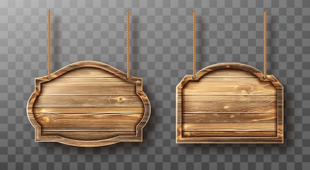 Conjunto de tablas de madera en cuerdas. letreros realistas
