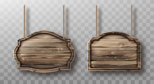 Vector gratuito conjunto de tablas de madera en cuerdas. letreros realistas