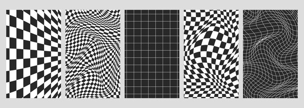 Conjunto de tableros de ajedrez psicodélicos con azulejos de cuadrícula negra y blanca distorsionados a cuadros sin costuras