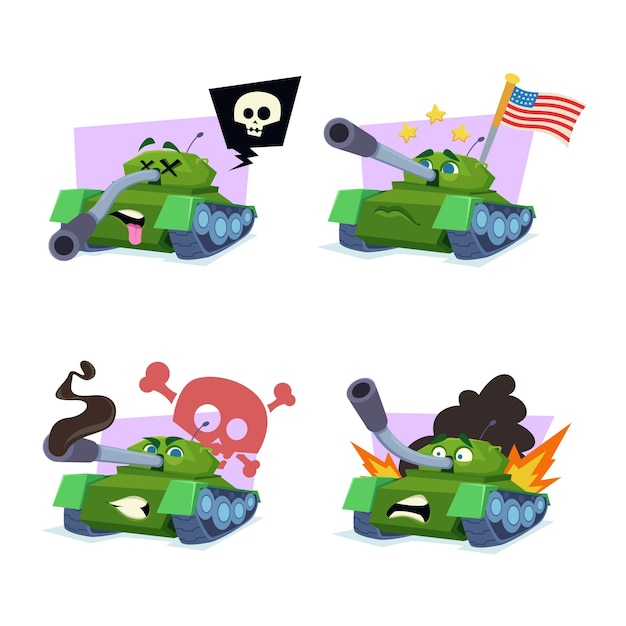 Vector gratuito conjunto de tanques de dibujos animados dibujados a mano que se sienten muertos alzando la bandera estadounidense disparando quema