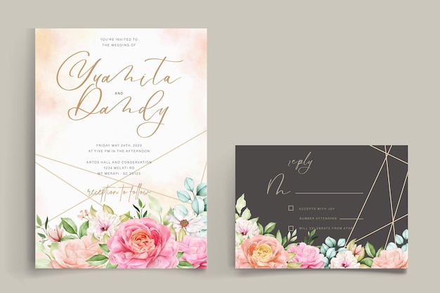 Conjunto de tarjeta de boda de adorno floral acuarela
