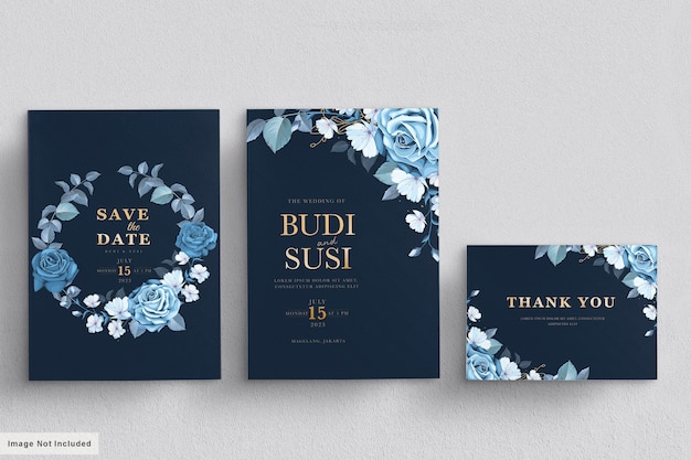 conjunto de tarjeta de boda floral azul