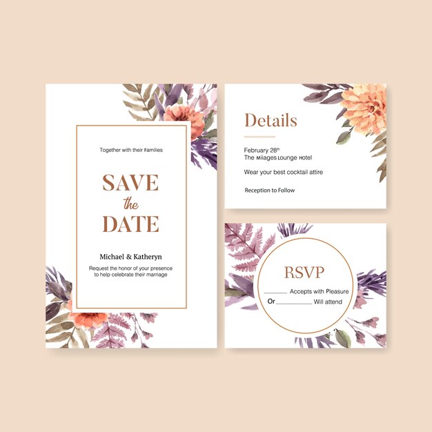 Vector gratuito conjunto de tarjeta de boda floral