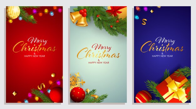 Conjunto de tarjeta de felicitación de feliz Navidad y feliz año nuevo con guirnalda