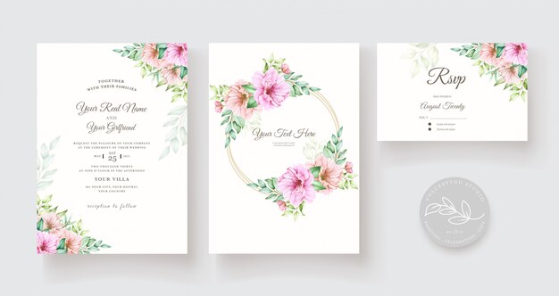 Conjunto de tarjeta de invitación acuarela floral y hojas